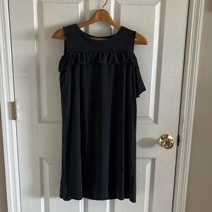 Loft Navy Blue & Grey Sleeveless Ruffled Top Cold Shoulder Dress Size M